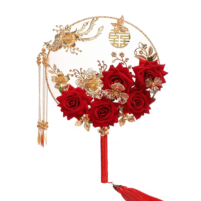Китайский традиционный веер с кисточками для невесты винтажный Круглый Ручной Веер с розами реквизит для свадебной фотосъемки - Цвет: 2