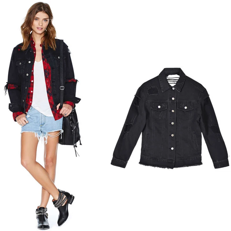 

European American Women's Loose Wear Couple Denim Jacket Autumn Winter Black Demin Coat Plus Size Casual Denim Jacket For Women