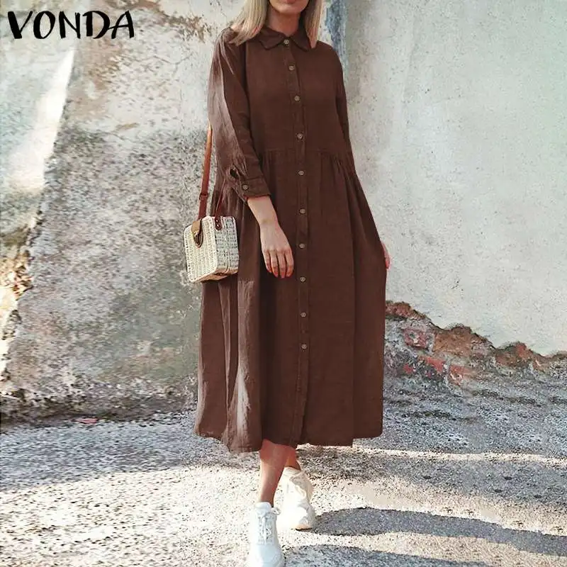 VONDA, женское макси платье,, повседневное, длинный рукав, хлопок, длинные платья, с отворотом, на пуговицах, платье-рубашка, Vestidos, богемное, для беременных, Халат