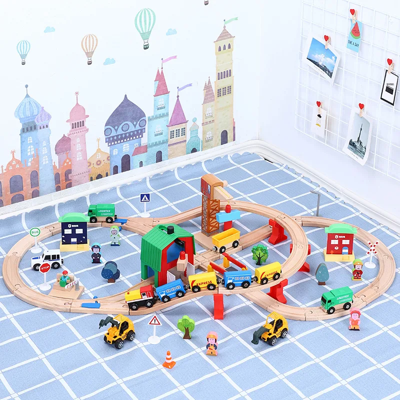 Wooden Train Track Set Wooden Railway Puzzle Slot Transit Wood Rail Transit Wood Train Railway Electric Trains Toy For Kids Gift