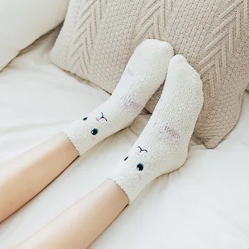 

5 Pairs Coral Fleece Socks Women Girl Soft Bed Floor Embroidery Cartoon Sleeping Lady Mid cUTE Floor Socks calcetines Winter