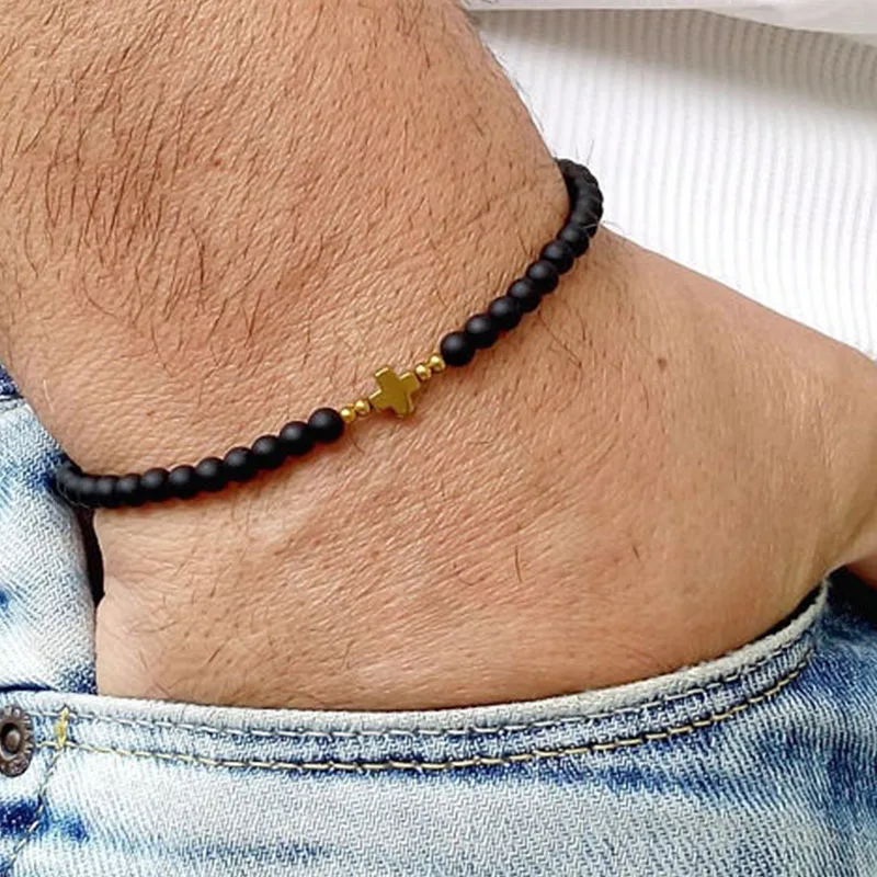 Mens Bracelet Black Onyx with Cross Beaded
