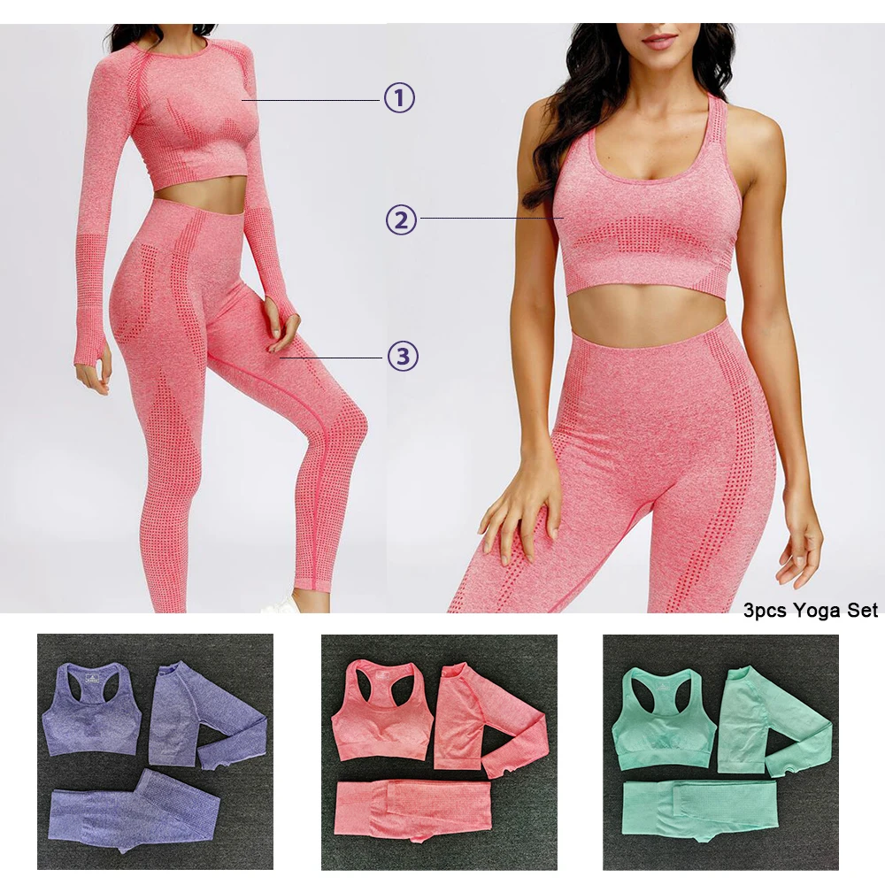 3pcs Women Seamless Yoga Set Fitness Sports Suits GYM Cloth Long Sleeve