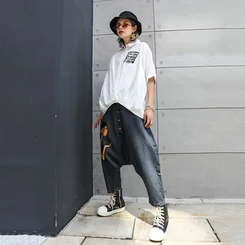 

2019 Autumn Women High Waist Blue Pattern Printed Jeans Pockets Loose Button Harem Pants