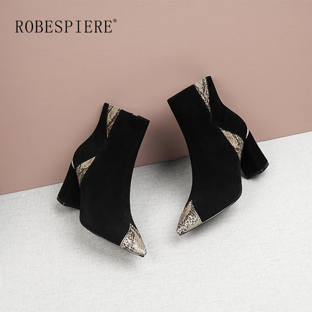 

ROBESPIERE Quality Kid Suede Pointed Toe Ankle Boots Fashion Zipper Mixed Colors Shoes Women Winter Warm Plush Ladies Boots B58