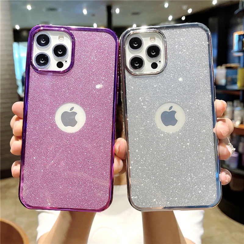 case iphone 13 mini Clear Shining Glitter LOGO Hole Phone Case For iPhone 12 11 Pro Max X XR XS Max 7 8 Plus Soft Rhinestone Shockproof Back Cover iphone 13 mini waterproof case