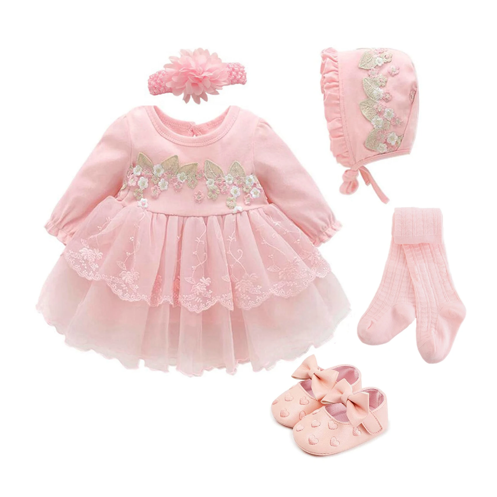 Newborn Baby Girl Dresses Clothes For 0-3 Month Set Party Birthday Dress Outfits 0-1 Years Shoes Tights & Long Socks Christening 1