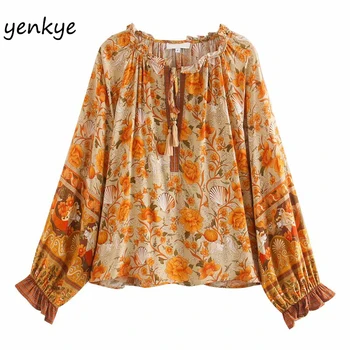 

2020 Women Floral Print Boho Top Female Lantern Sleeve Lace Up V Neck Casual Blouse Summer Plus Size Tops ST9339