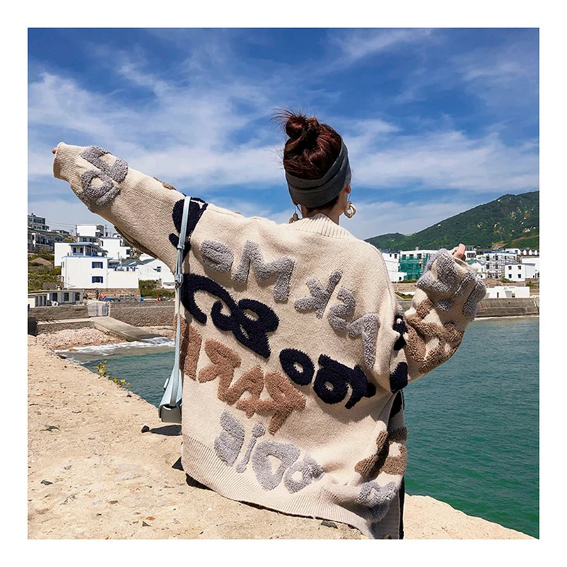 

MY009 Sweater women new korean winter 2018 Loose Patchwork sweater female knitted cardigan Letter v-neck long sleeve Sweater