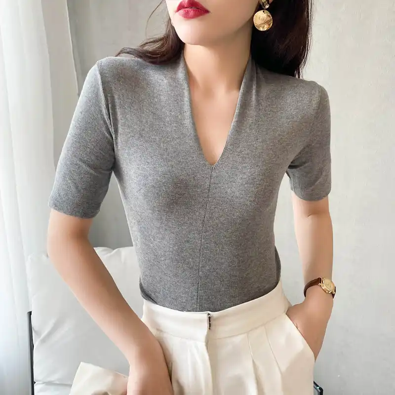plunging neckline tops with sleeves