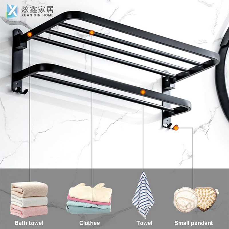 Stainless Steel Bathroom Fold Towel Rack Fashion Wall Mounted Folding Storage Adhesive Towel Hanger Bathroom Storage Shelf
