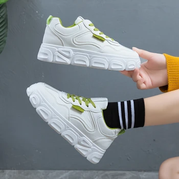 

2020 Women White Sneakers Ulzzang Fashion Leather Trainers Vulcanized Shoes Platform Tennis Female Lace Up Casual Shoes Woman