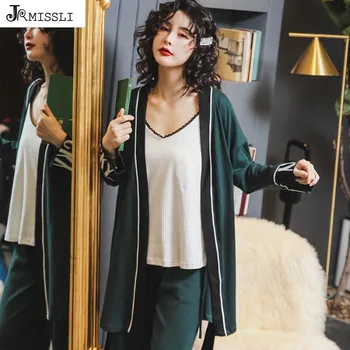 

JRMISSLI Sleepwear Pajamas for Women Long Sleeve 3 Piece Sets Loose Pants Plus Size Pajamas Cotton Home Clothes Homesuit Fashion