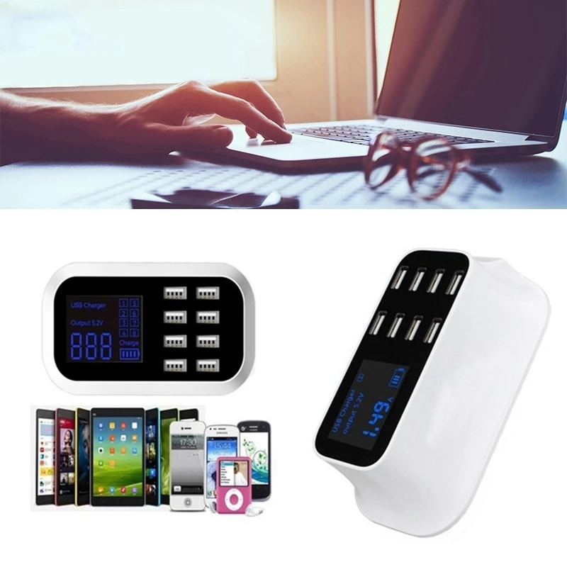 8-Port Portable USB Hub Fast Charger Power Adapter with Smart IC Auto Detect Tech
