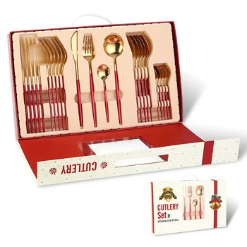 

24pcs Tableware Portable Gift Rustproof Christmas Cutting Tool Stainless Steel Fork Spoon Smooth Edge Dinnerware Set Cutlery