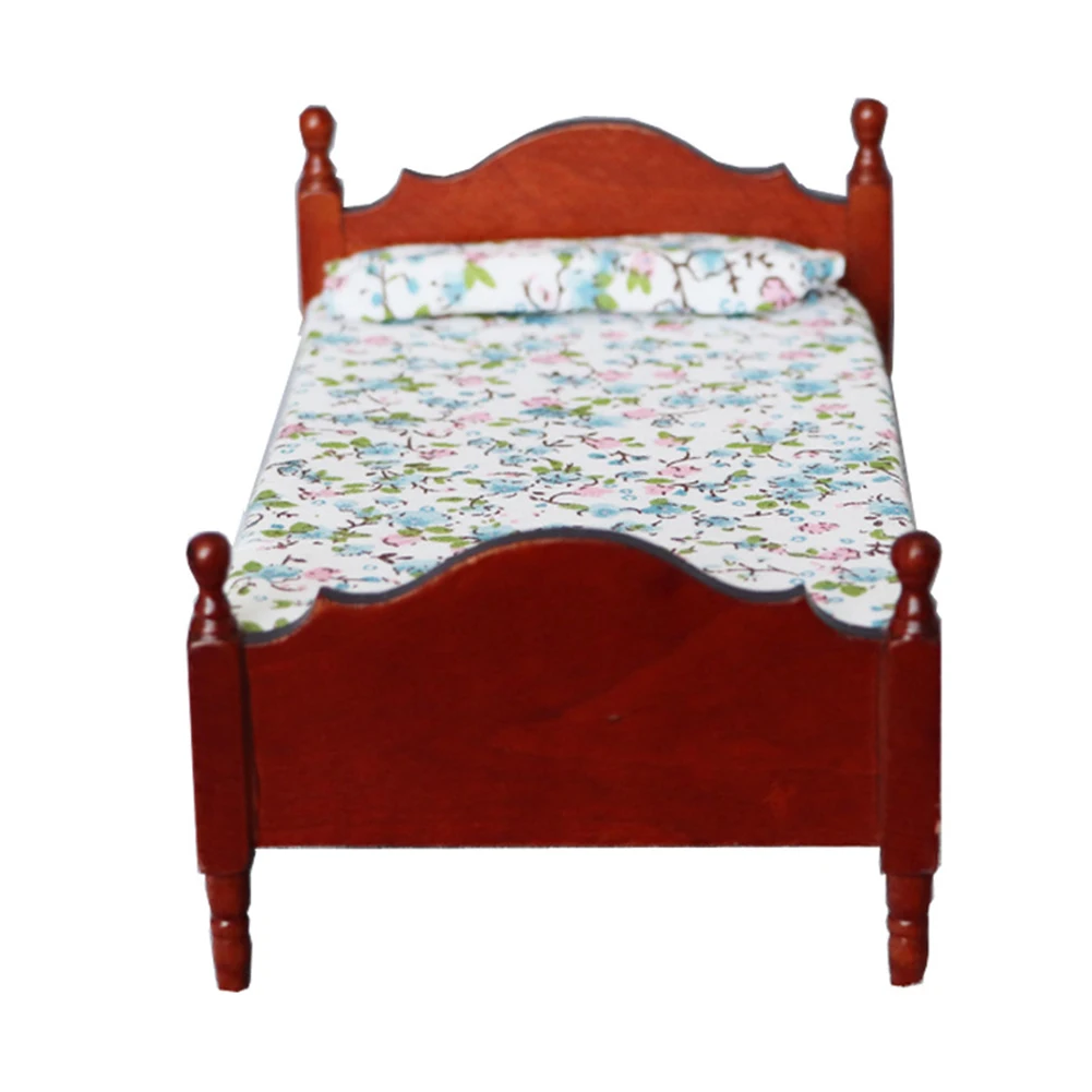  1/12 Retro Wooden Single Bed with Sheet Model DIY Dollhouse Decor Accessory mini furniture decorati