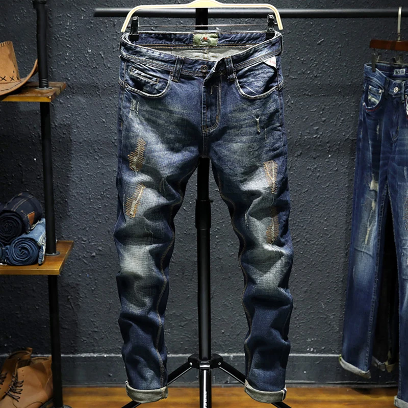 

Italian Style Fashion Men Jeans Slim Fit Retro Blue Patchwork Ripped Jeans Men Vintage Designer Pants Streetwear Hip Hop Jeans