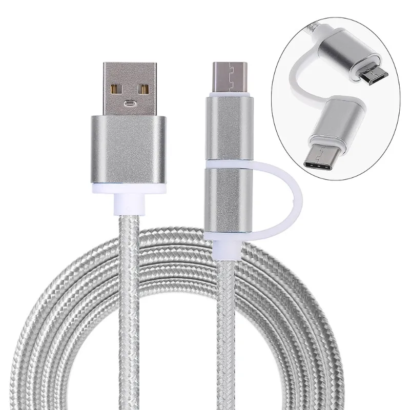 Серебристый 2 в 1 USB 2,0 мужчина к USB 3,1 Тип C и Micro USB плетение данных зарядный кабель быстро - Цвет: Серебристый