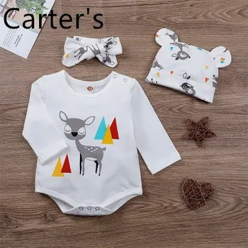 

Carter's Baby Girl Bodysuit Baby Twins Cartoon baby deer print romper jumpsuit + turban + hat Newborn Baby Clothes Body Kids new