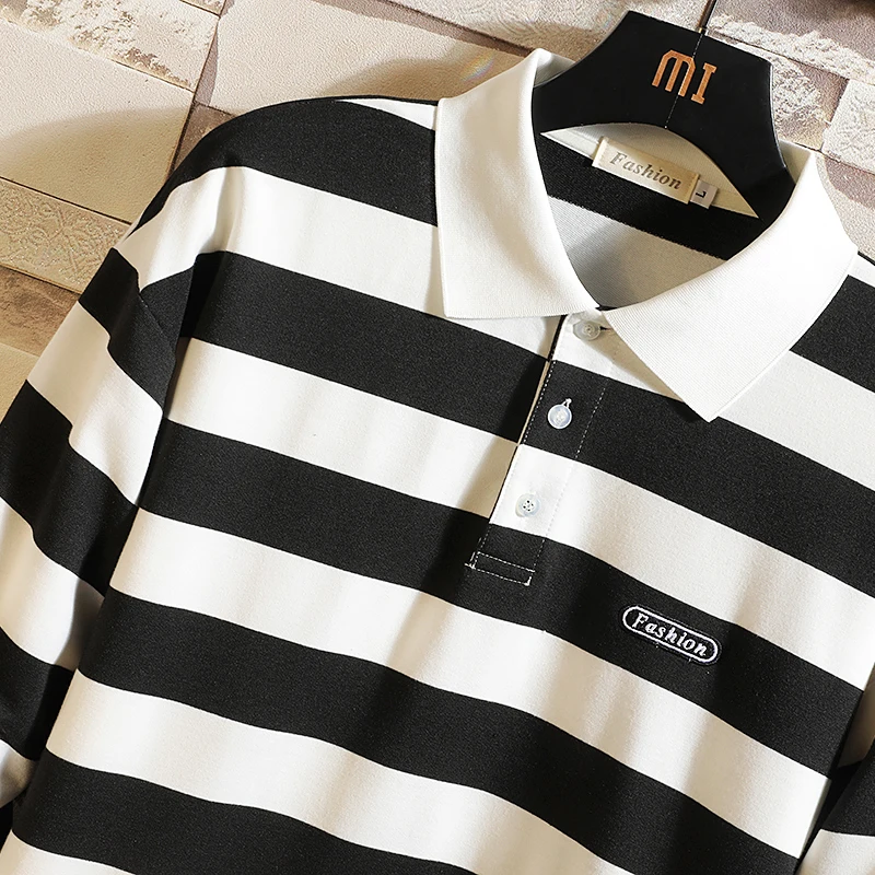 Contrast Striped Polo Shirt Men Cotton Long Sleeve Casual Tees Homme Autumn Regular Fit Men Polo Shirt Plus Size
