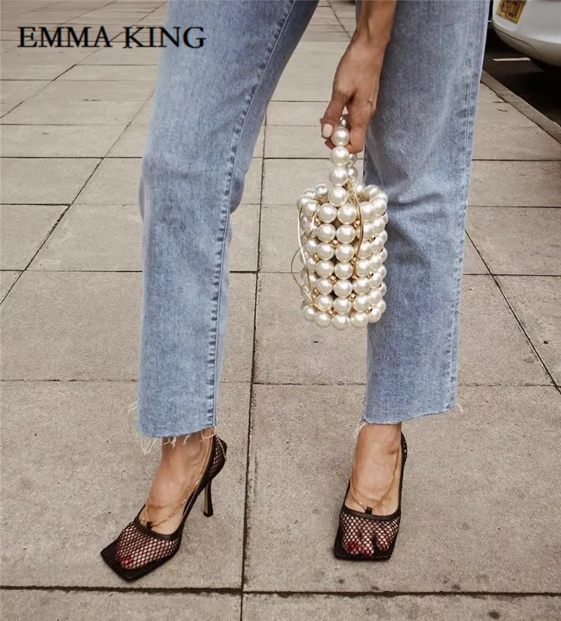 

EMMA KING 2019 New Summer Sexy Mesh Woman Sandals Square Head High Heels chain with Hollow-out Fashion Party Pumps Shoes