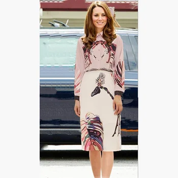 

Princess Kate Middleton Set 2020 High Quality Women Suits Turn Down Collar Long Sleeve Print Shirt+ Skirt Two-piece Sets NP0821C