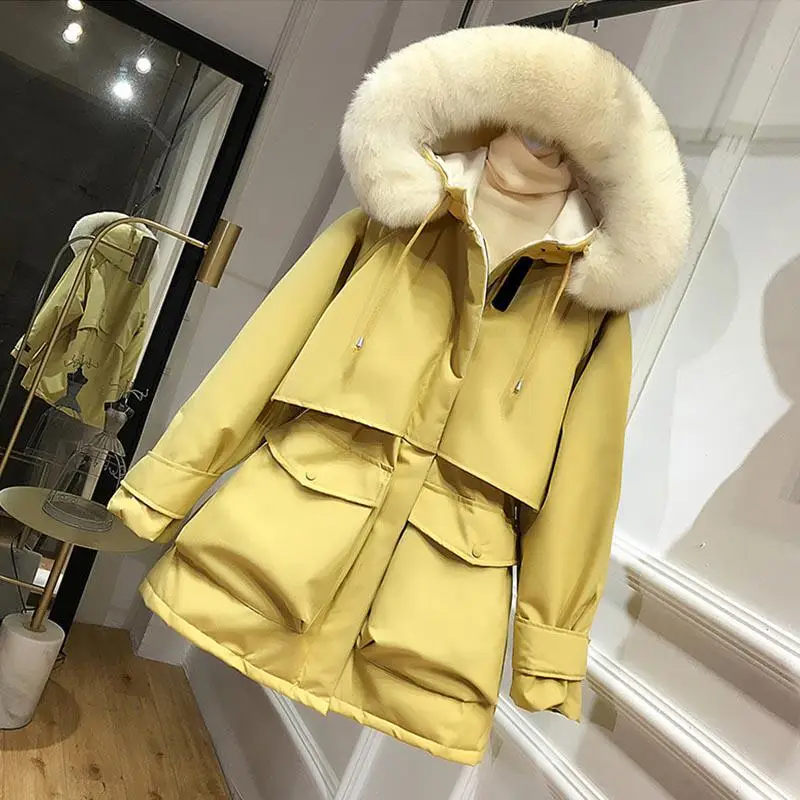 Fitaylor парки на белом утином пуху, зимняя куртка, женское теплое пальто с мехом, Женское пальто с капюшоном и поясом, большой размер - Цвет: Yellow  Faux Fur