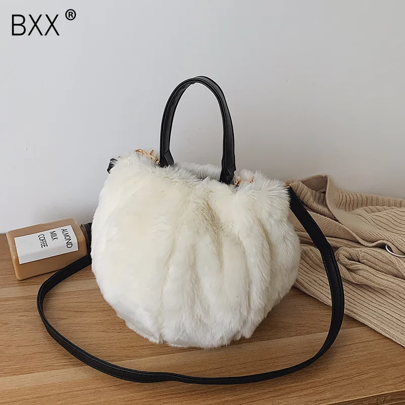 

[BXX] Faux Fur Crossbody Bucket Bags For Women 2020 Designer Solid Color Winter Shoulder Messenger Bag Lady Warm Handbags a248