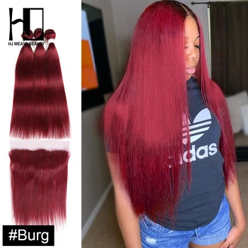 

HJ Weave Beauty Peruvian Straight Human Hair Bundle With Frontal 4/99J /BURG/33 Pre Colored Hair Weave Bundles Remy Hair