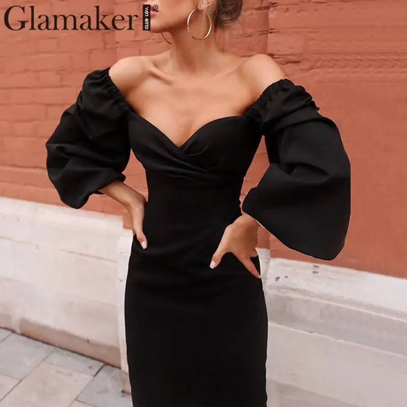 Glamaker черное сексуальное облегающее длинное платье с рукавами-фонариками женское