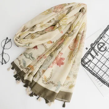 

New Nepali beige sun-proof shawl Japanese art small fresh printed cotton and linen scarf hundred silk scarf