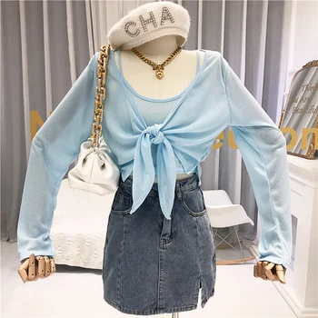

High Street Crop Tops+vest V-Neck Camisetas Mujer Informal Tee Shirt Sexy Femme Ete 2020 Stylish Female Blouses blue white