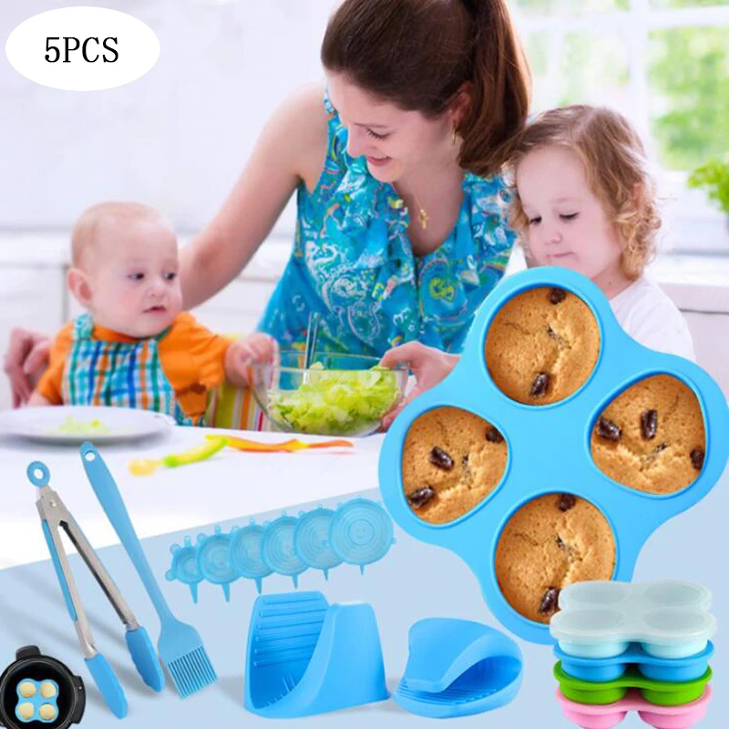 4 Grids Folding Silicone Ice Tray Auxiliary Box Baby Food Supplement Box Frozen Storage Box Popsicle Molds Kitchen Gadget Set