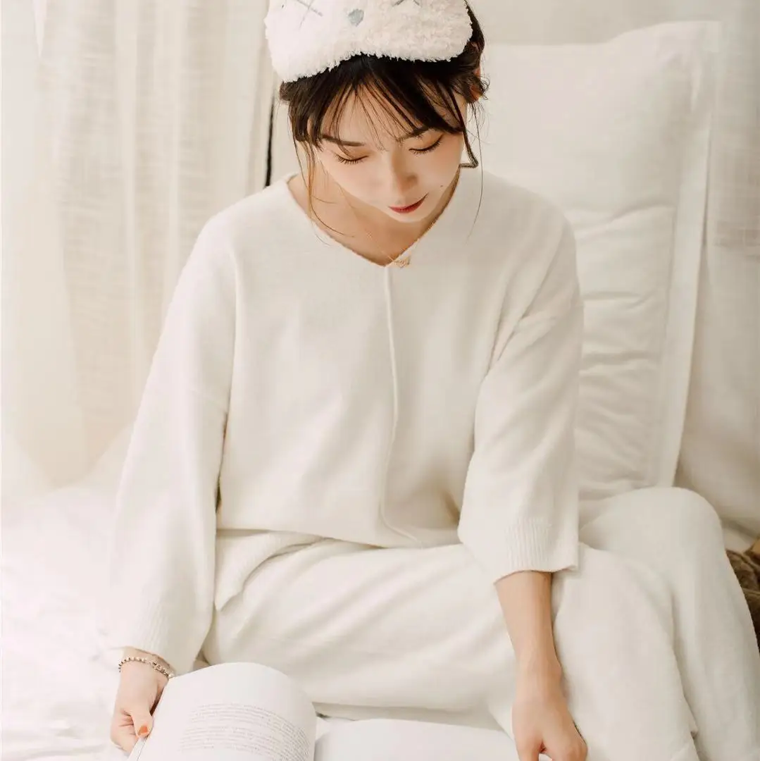 

2019 Spring Clothing Homewear Set Women's Loose-Fit Solid Color Fashion Simple Knitted Plush Velvet Soft Pajamas Air Conditioner