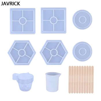 

Silicone Resin Mold Set Square Round Hexagon Epoxy Mould with Measuring Cup Wood Stick DIY Coaster Home Decoration Accessories