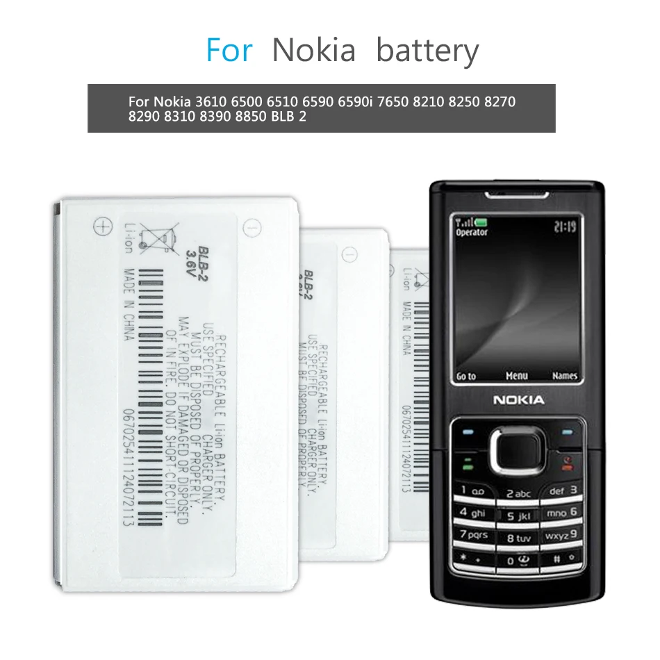 Batteria Del Telefono Cellulare Per Nokia 3610 6500 6510 6590 6590I 7650 8210 8250 8270 8290 8310 8390 8850 Blb 2 Blb-2 800Mah