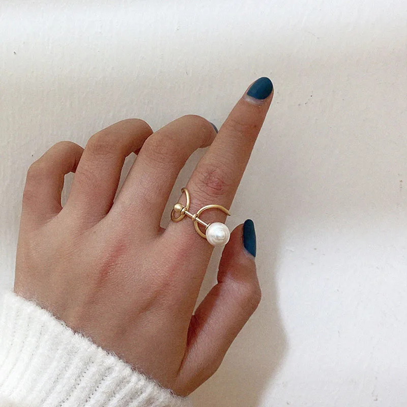 

SRCOI Gold Silver Color Metal Pearl Double Layer Hollow Opening Adjustable Rings 2020 Korean Alloy Rings For Women Party Jewelry