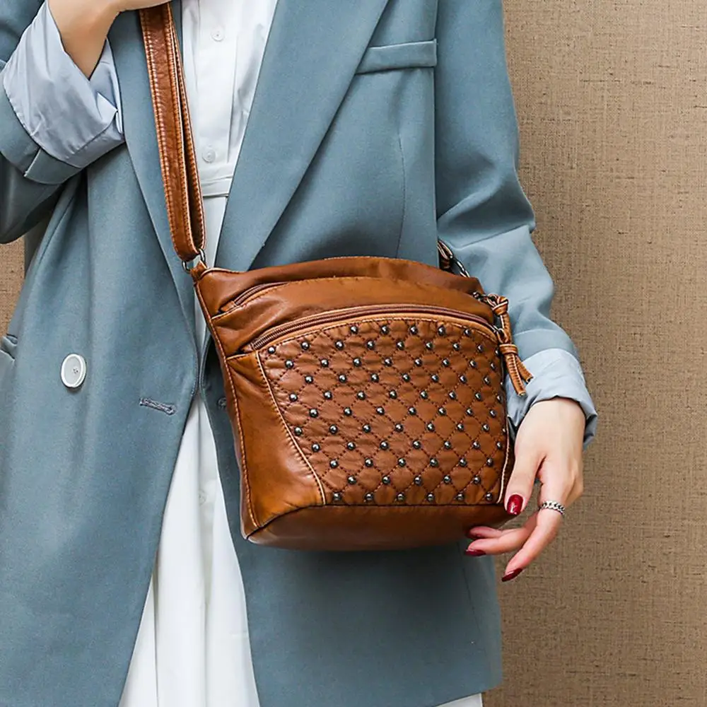 Vintage Rivet Messenger Bags PU Leather Women Crossbody Shoulder Bag Handbags 