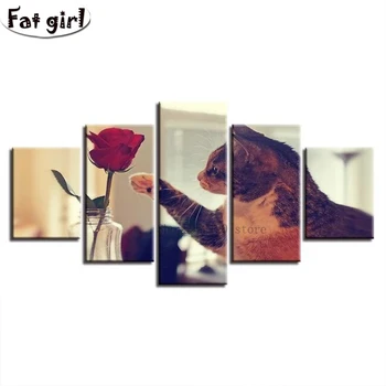 

DIY 5 Panel Animal Diamond Painting Cute Cat Cross Stitch Kits Red Rose Embroidery Square Round Drill Modern Home Decoration