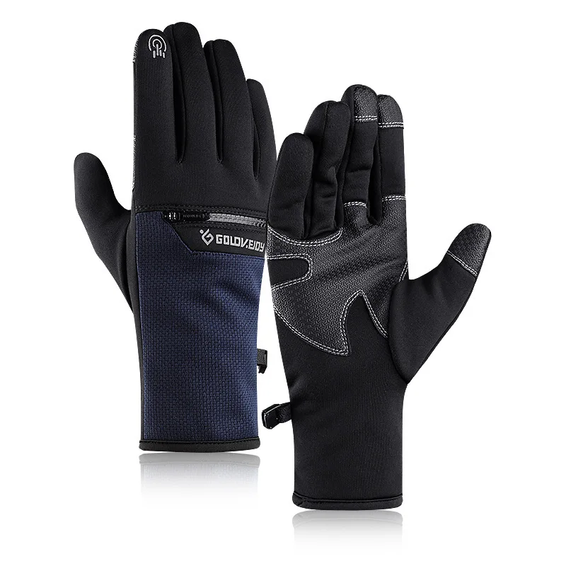 Зимние лыжные мужские перчатки теплые женские перчатки с сенсорным экраном водонепроницаемые Нескользящие велосипедные перчатки для спорта на открытом воздухе с карманом на молнии плюс бархат - Color: blue