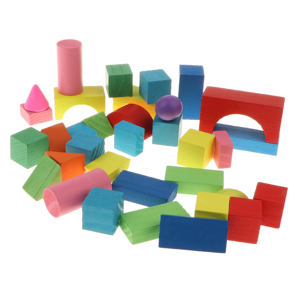 34Pcs Classic Wooden Building Blocks Set w/Basic Build & Play Stacking Toy