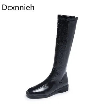 

Black Winter Women's Boots Rear Zipper PU Leather Square Head Knee High Boots Fashion Shoes Woman Boots Motorcycle Boots Mujer