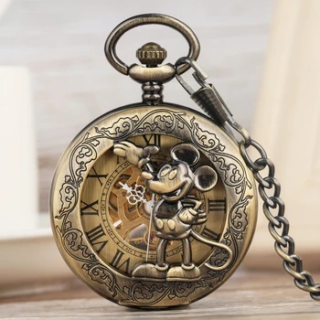 

2020 New Fashion Mickey Mouse Display Mechanical Hand Winding Pocket Watch Hollow Skeleton Dial Clock Chain Antique Gifts