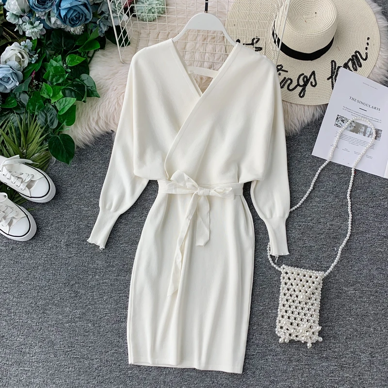 

Oshangchaopin Women New Arrive Autumn Winter Knit Short Dress Batwing Long Sleeve V-Neck Backless Slim Package Hip Sweater Dress