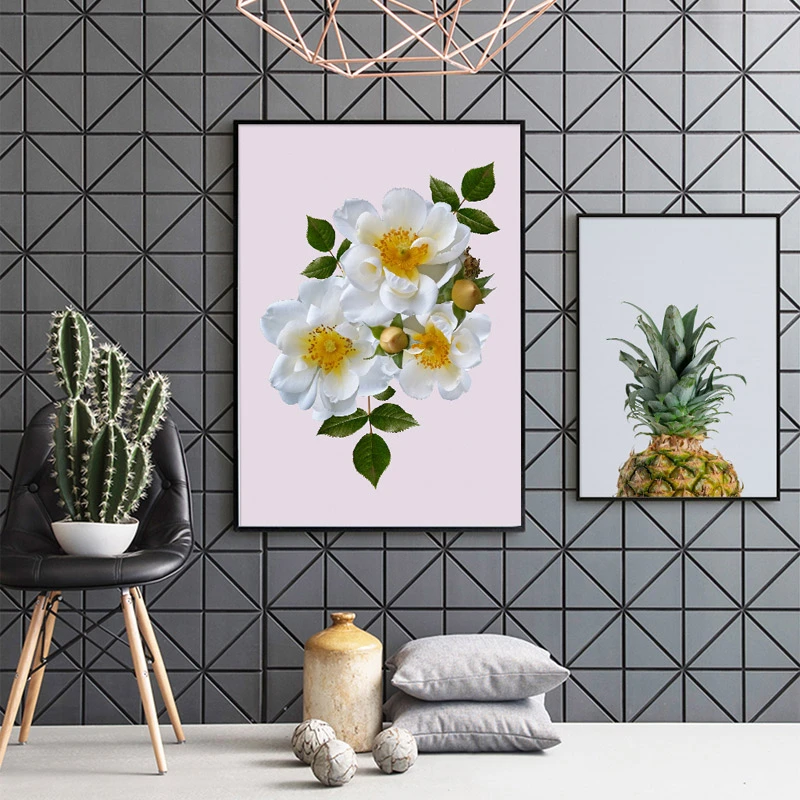 

Canvas Painting White Flower Mural Tropical Pineapple Poster And Print Living Room Mural Canvas Art Print