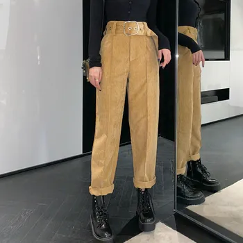 

Autumn Winter Trouser for Women High Waist Sashes Belted Women Corduroy Pants Female Korean Straight Long Pant 2019