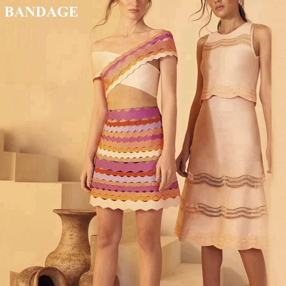 

BANDAGE New Rainbow Bandage Dress Rayon Mini Summer Women Dresses Off Shoulder A Line Vestidos Patchwork Cocktail Party Dress HL
