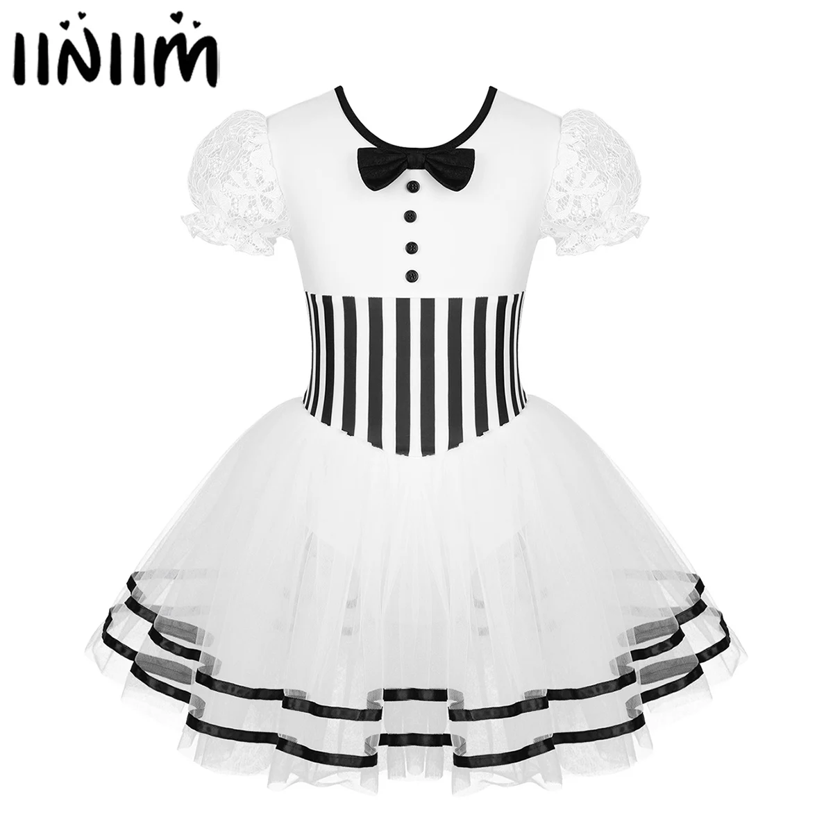 New Kids Girls Christmas Dance Costume Short Lace Puff Sleeves Striped Waist Figure Skating Dress Baton Twirling Leotard Dress