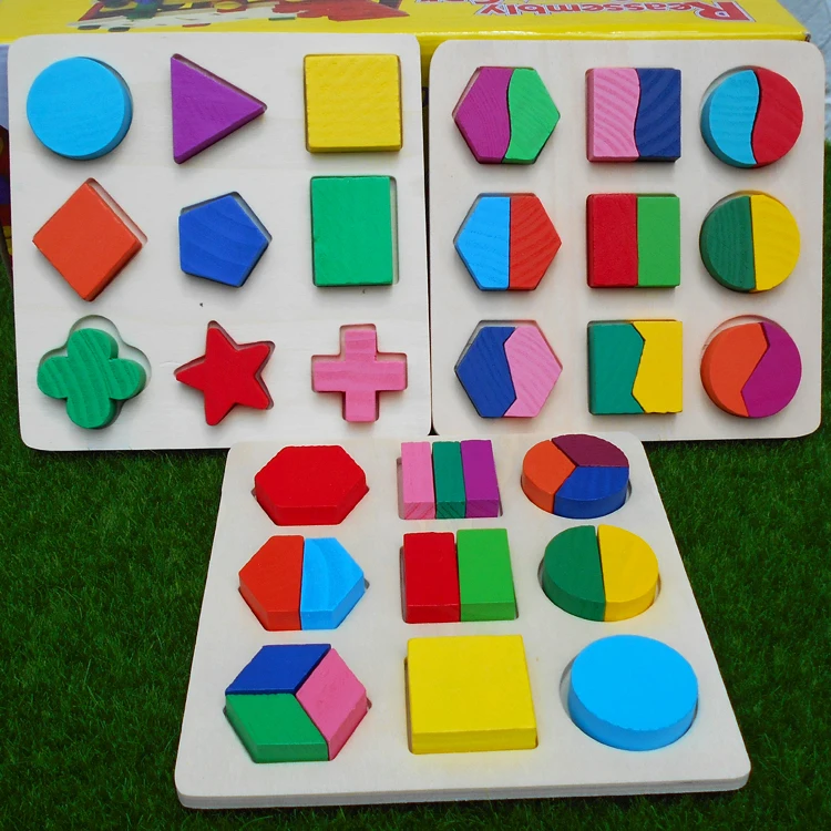Formas geométricas de madera из Puzzle Монтессори clasificación de ladillos de matemáticas aprendizaje preescolar juego educ