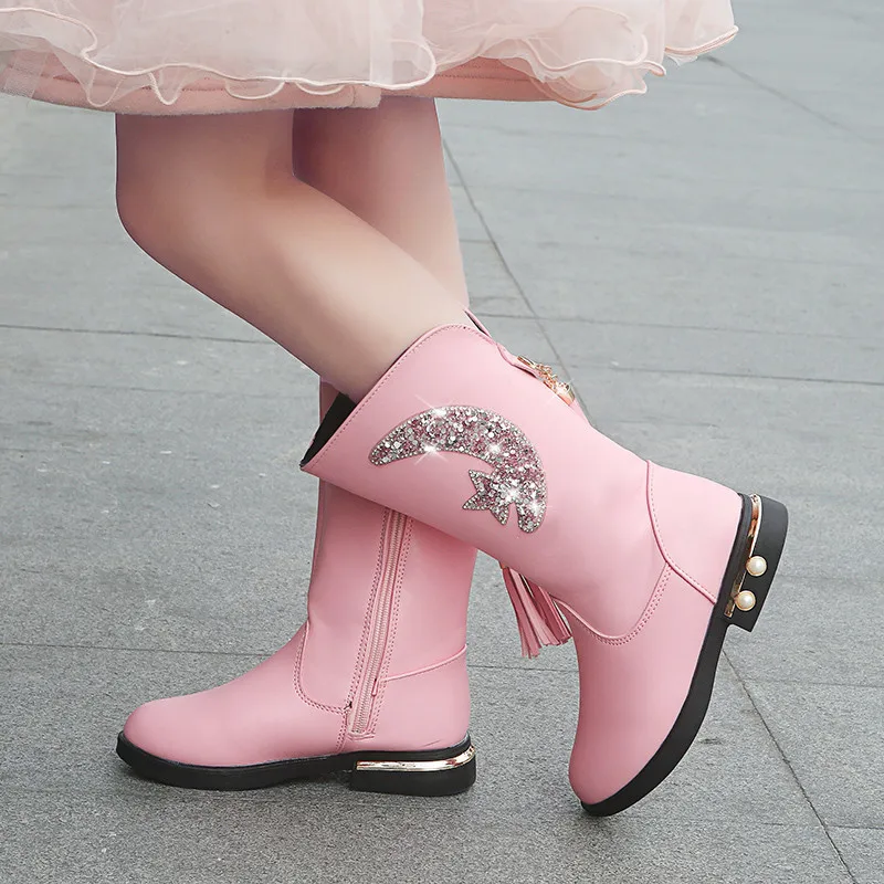 Модные высокие сапоги принцессы с кисточками для маленьких девочек зимние школьные кожаные сапоги для больших детей детская обувь с блестками для детей возрастом от 4 до 12 лет